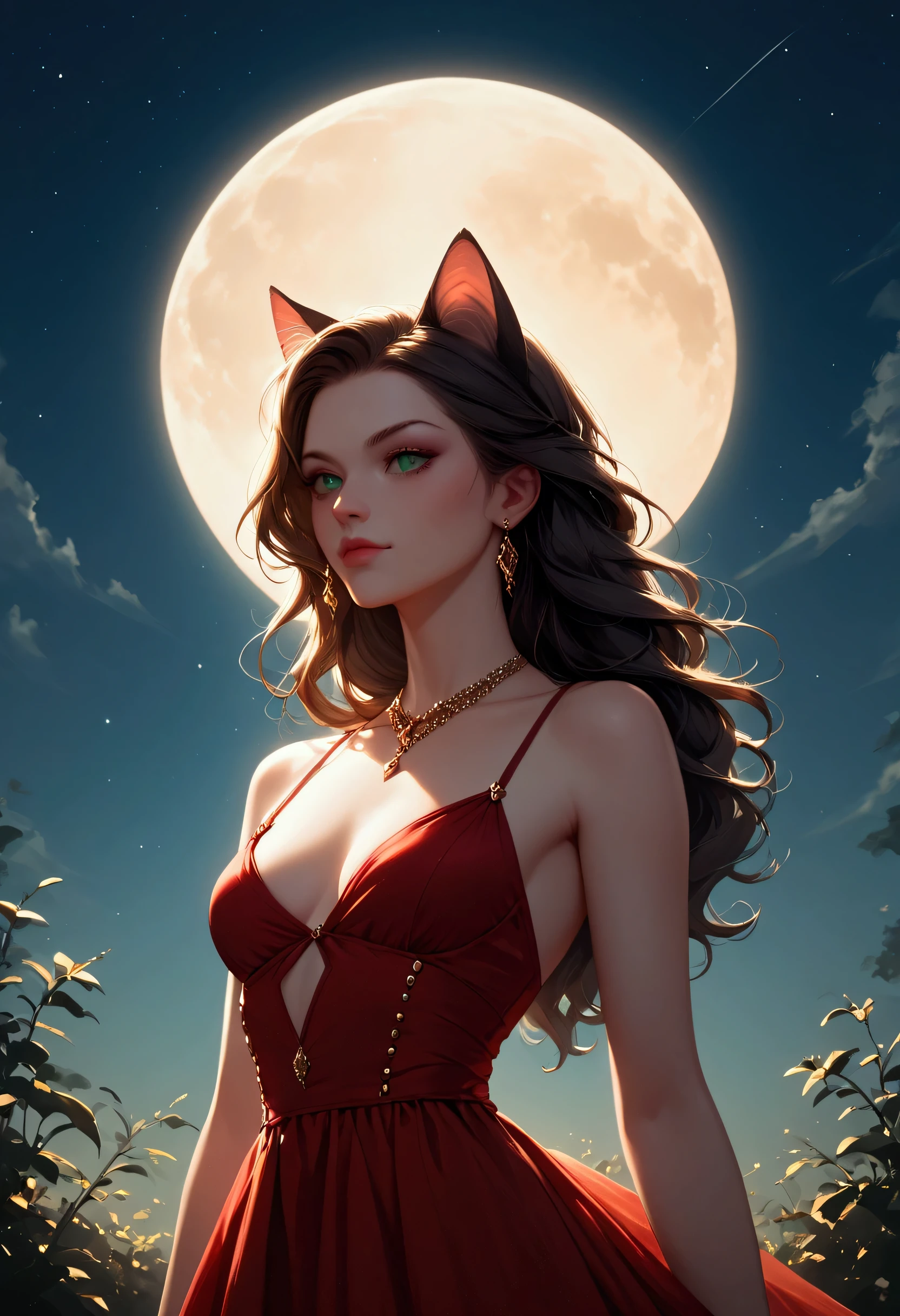 score_9, score_8_up, score_7_up, score_6_up, score_5_up, score_4_up, a picture of a beautiful woman, with cat ears, long hair, feline green eyes, wearing black and red dress, studded with diamonds, small cleavage, it is night, the moon in the sky, moon rays caress her, silhouette, Haute_Couture, Cinematic Shot