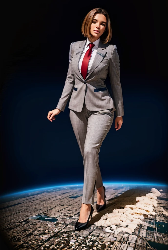 view from outer space of an approaching young giga giantess, Giantess art, 500 miles tall giga giantess, young sophisticated and stylish woman in a light grey italian pinstriped double breasted trouser suit, form fitting crisp office shirt, and a large wide light blue necktie in a windsor knot, with a beautiful, curvaceous figure, large natural breasts, and short blonde pixie hair, with a curvaceous figure and massive breasts. wearing blue rounded court high heels with uncovered feet and standing, rampage-like pose, with a city skyscrapers background of mega-city, skyscapers, bright daylight, cloudy atmosphere. The image is a high-resolution, masterpiece-quality, cinematic, ultra-detailed, and hyper-photorealistic photograph, with perfect hands, face, and lighting. ultra-detailed, 8K, photo-realistic, hyper-realistic, masterpiece, intricate details, full body view. Looking pasted camera, The image is a high-resolution, masterpiece-quality, cinematic, ultra-detailed, and hyper-photorealistic photograph, with perfect hands, face, and lighting. ultra-detailed, 8K, photo-realistic, hyper-realistic, masterpiece, intricate details, from high above