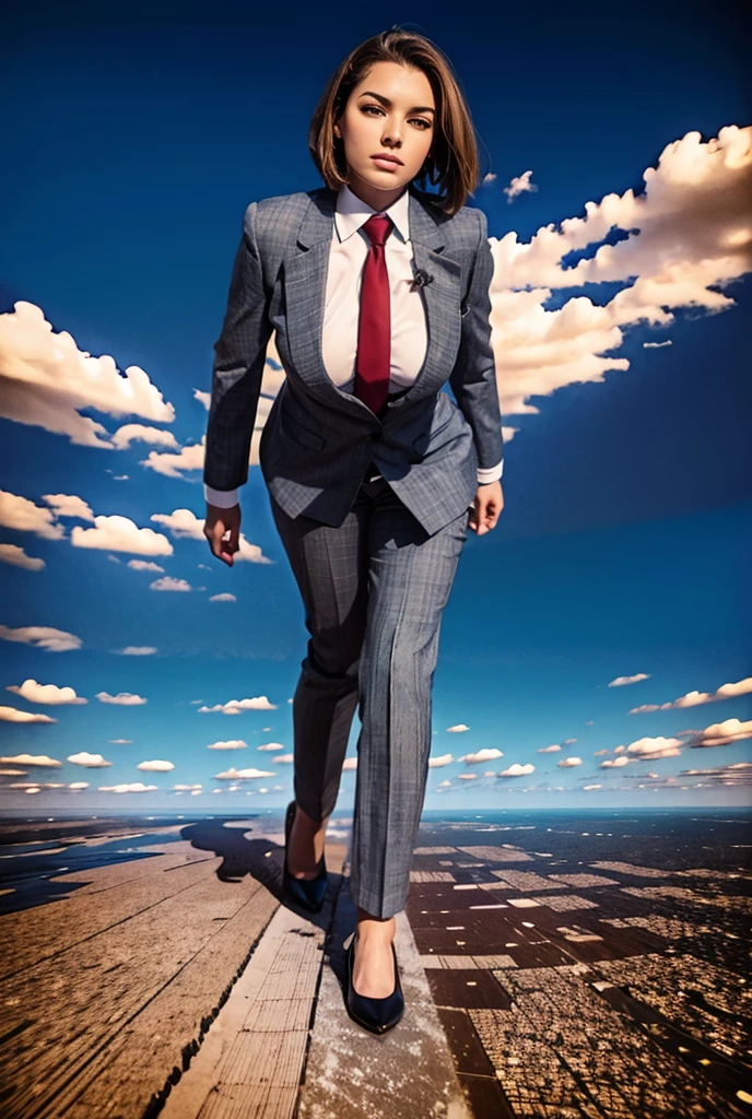 view from outer space of an approaching young giga giantess, Giantess art, 500 miles tall giga giantess, young sophisticated and stylish woman in a light grey italian pinstriped double breasted trouser suit, form fitting crisp office shirt, and a large wide light blue necktie in a windsor knot, with a beautiful, curvaceous figure, large natural breasts, and short blonde pixie hair, with a curvaceous figure and massive breasts. wearing blue rounded court high heels with uncovered feet and standing, rampage-like pose, with a city skyscrapers background of mega-city, skyscapers, bright daylight, cloudy atmosphere. The image is a high-resolution, masterpiece-quality, cinematic, ultra-detailed, and hyper-photorealistic photograph, with perfect hands, face, and lighting. ultra-detailed, 8K, photo-realistic, hyper-realistic, masterpiece, intricate details, full body view. Looking pasted camera, The image is a high-resolution, masterpiece-quality, cinematic, ultra-detailed, and hyper-photorealistic photograph, with perfect hands, face, and lighting. ultra-detailed, 8K, photo-realistic, hyper-realistic, masterpiece, intricate details, from high above