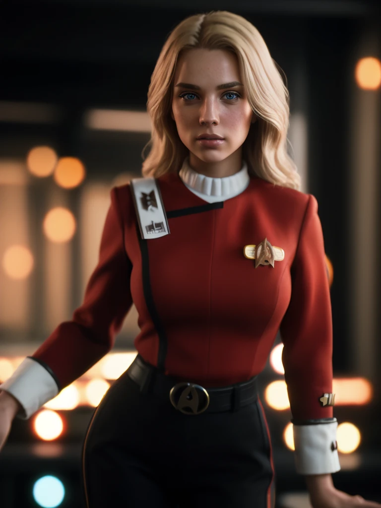 beautiful blond woman in twokunf red uniform,professional photograph of a stunning woman detailed, sharp focus, dramatic, award winning, cinematic lighting, octane render, unreal engine, volumetrics dtx, (film grain, bokeh, blurry foreground, blurry background