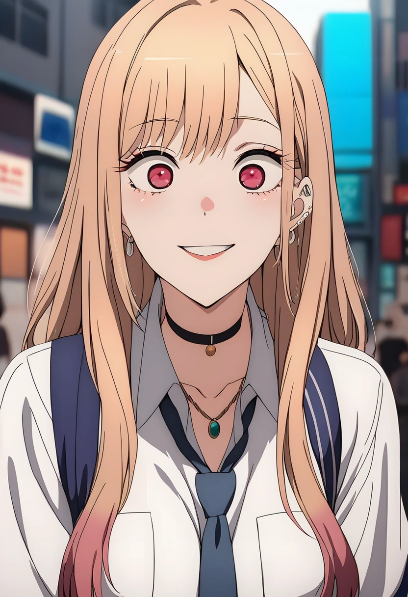 (score_9_ up, score_8_ up, score_7_ up), (masterpiece,  top quality ,  ULTRA DETAIL,  detailed information, source Anime,  high res, Smooth Lines), Mari Kitagawa,  1 girl, Alone,  long hair, chest,  looking at viewers, smile, bangs, Blonde, large chest,  red eyes,   jewelry, medium chest, Multi-coloured hair,  earrings for women with first name,  choker ,  necklace, black  choker ,  piercing above spo, ear  piercing above spo, ,  white shirt,  shirt with tie ,  blue tie ,  Plaid Skirt, Anime,Shake your chest, My body is being taken over by an old man,Possession, grabs the breast ,nude,crazy smile, viewers,in a baleful look ,Crazy smile,Big Breasts,nude