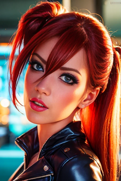  An ultra-realistic CG illustration of a Jess Nigri woman with a penetrating look and eye-catching makeup. She is wearing a leather jacket with a cropped top ,  and her long red hair is styled in a straight updo .