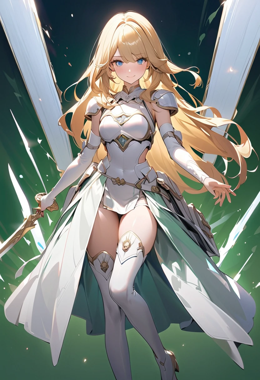 (green background:1.3), No wind, character sprite, Break, 
1 girl, (cute face), elegant, Confident Look, light smile, 19 years old, Tall, 170 cm tall,, Standing, full body, blonde long hair, hime cut, blue eyes, (medium breasts:1.2), slim, white elegant Battle dress, short length skirt, tight breastplate, thigh boots, Great Sword,,(porcelain skin), Break, 
(green background:1.3), No wind, high fantasy, game cg, absurdres,  highres, ultra detailed, beautiful, (masterpiece), (best quality:1.2),