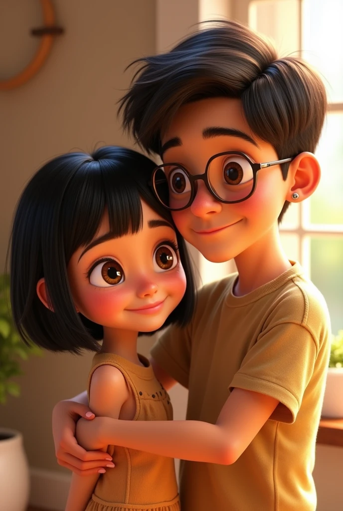 A couple hugging, The girl is smiling, she is of robust build with wide legs, small ears and light complexion., wide nose big brown eyes hair in a bun and straight curtain bangs, She wears a beige tank top and black jeans. The boy with a thin build, tez morena, He wears square glasses, a wide nose, small eyes, short dark straight hair, small ears, and wears black jeans and a gray t-shirt. He is the protagonist of a Disney Pixar movie. Digital art.