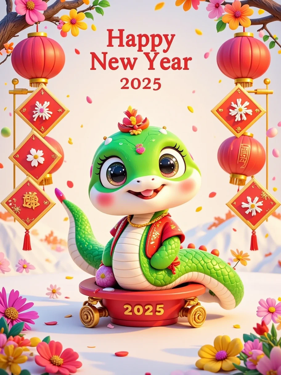  A cute snake， simple graphic illustration style ， with colorful flowers and lanterns all around。 with “Happy New Year” written on the top of the screen ， with “2025” written below 。 background is white ， vector graphics，Simple shapes，Flat design，There are also Chinese elements 。 This is a minimalist composition 。