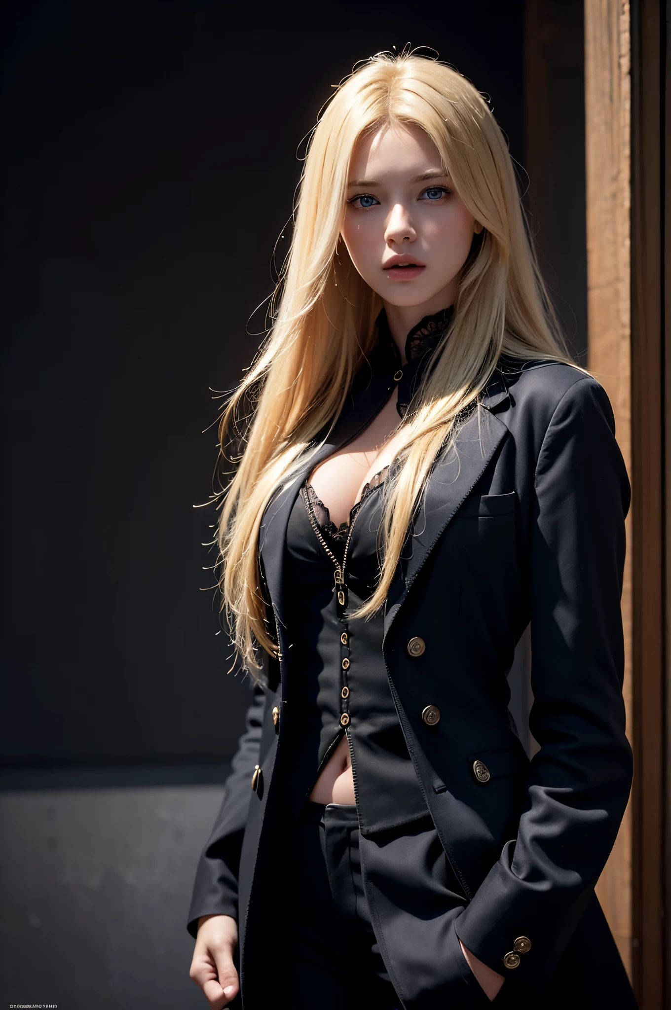 Best quality, masterpiece, ultra high res, (photorealistic:1.4), raw photo, 1girl, blonde hair, blue eyes, detailed eyes and face, black suit, dynamic lighting, in the dark, deep shadow, low key, cowboy shot full-lenght body