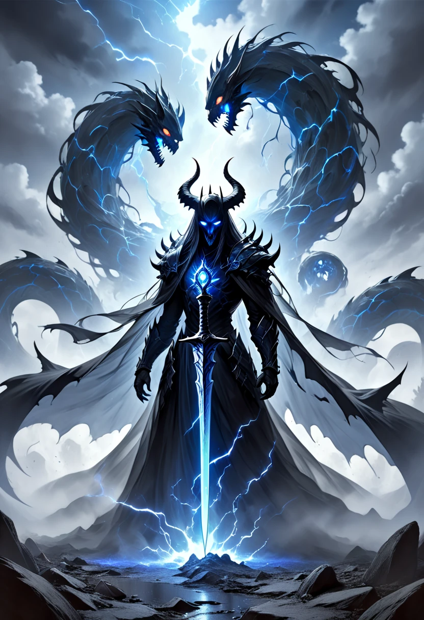 "The Guardian of the Tenebrous Realms is a lean, fearsome figure radiating dread and unrelenting authority. His shadow-forged armor clings to his frame, its matte black surface streaked with glowing blue veins that pulse faintly, casting an eerie glow. The jagged, angular plates seem alive, shifting subtly as if imbued with a dark, otherworldly essence.
His massive gauntlets, forged from crystalline metal, are clawed and brutal, etched with glowing blue sigils that hum with forbidden power. These oversized gauntlets enhance his already menacing appearance, their razor-sharp talons capable of tearing through both physical and ethereal barriers.
At his waist rests a colossal obsidian blade, its scabbard adorned with glowing blue glyphs that twist and writhe like living serpents. The hilt, crowned with a flickering sapphire gem, emanates a cold, ominous light. When unsheathed, the blade hums with dark energy, trailing wisps of mist that devour surrounding light.
The helm, shaped like a predator’s skull, features curved horns spiraling backward like crescent moons. Piercing blue light burns within the visor, his gaze searing through the souls of those who dare meet it. Shadows swirl endlessly around his face, obscuring his features and amplifying his enigmatic, terrifying presence.
A tattered cloak of black fabric drapes over his shoulders, embroidered with luminous blue runes that shimmer like fading stars. It flows unnaturally, leaving a faint trail of mist and shadow, as though alive and bound to his essence.
He stands in a desolate realm of shifting shadows and jagged terrain, beneath a sky of churning black and blue clouds illuminated by bursts of lightning. The air vibrates with tension, and the ground trembles beneath his deliberate, echoing steps.
The Guardian is the embodiment of the Tenebrous Realms, a relentless enforcer of its laws. His presence is a living nightmare, a sentinel of darkness whose name inspires hushed whispers and cold dread, 
