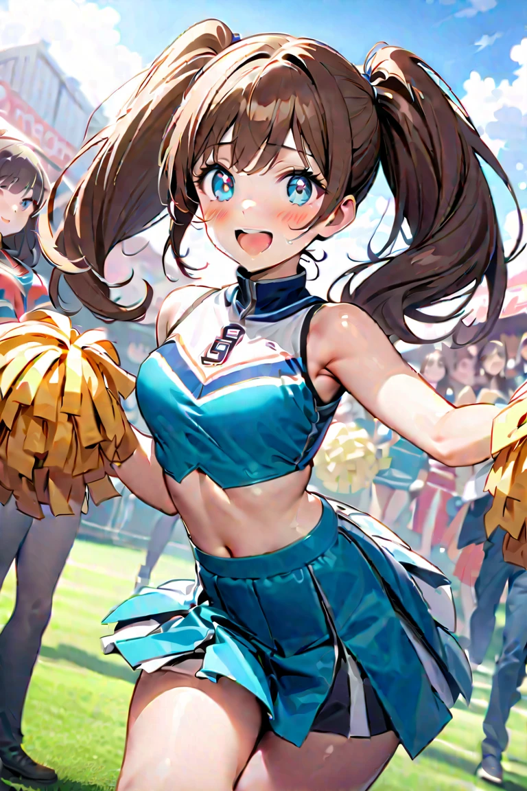 1lady solo, cheering, dancing, (dynamic posing), cheerleader (stylish outfit), mature female, /(dark brown hair/) bangs, blush brightly smile, open mouth, (teeth:0.8), (masterpiece best quality:1.2) delicate illustration ultra-detailed, large breasts BREAK (holding pom-pom) BREAK /(baseball stadium) grass, outdoors, audience