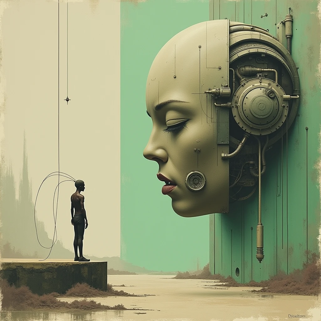 Create a surreal biomechanical scene featuring a humanoid figure standing on a mechanical platform with cables connecting to their head. The figure should have a sleek, organic design, contrasting with a massive robotic face on the right, adorned with intricate details like gears, pipes, and vents. Use warm, yellowish tones with a textured, retro-futuristic atmosphere, emphasizing the fusion of organic and mechanical elements in a dreamlike setting. The composition uses negative space prominently, with muted earthy tones like beige, gray, and brown, contrasted by striking green geometric. The brushstrokes are expressive and textured, blending contemporary painting with minimalist and expressionist elements, evoking both mystery and emotion in a serene, otherworldly atmosphere." Add noise texture, and grain texture old portrait