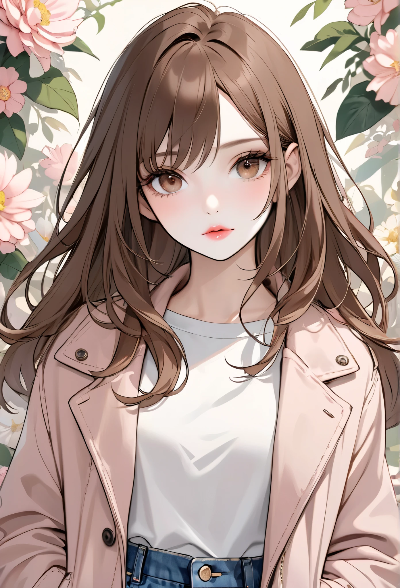 Girl, long soft brown hair, brown eyes, sharp features, white skin, light pink lips, perfect, calm, wearing a sweater, jeans jacket, floral background.