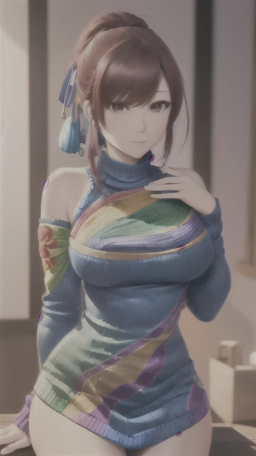 night, full body,KOF: Mai Shiranuhi  ,(((Wear vibrant rainbow color art, Suzhou embroidery techniques; Knitted sweater hole dress))),mirror, masterpiece, top quality , Official Art,Highly detailed 3DCG unity 8k , ( ##  tattoo  ##,  tattoo , ~+   tattoo ),( Perfect Female Curves ,  Big Breasts ),( charming gaze),  Facing the camera ,  pink lips,Delicate fingers and hands, Magic Hour,  Rembrandt Lighting ,  front lighting and fill lighting, Strong Shadows,  Arnold Rendering ,