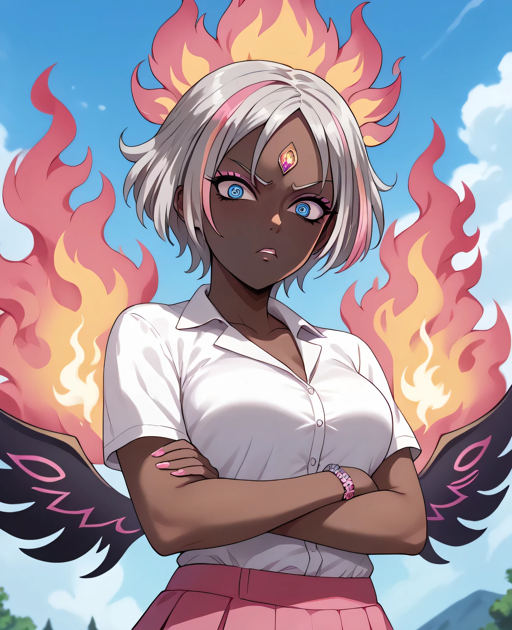 woman, flaming hair, black skin, jentry chau style, anime style, pink fire powers, blue eyes, gray hair, third eye on forehead, pink streak, sky, confused, gyaru style, eye on forehead, pink fire, pink flame throne, short hair, medium breasts, skirt, arms crossed, doubt