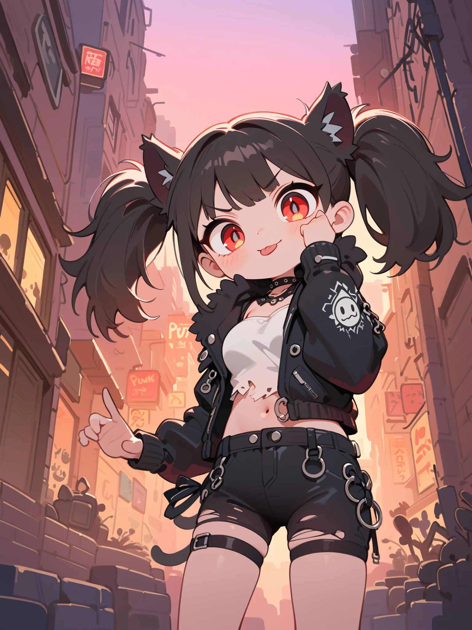 solo,1girl\(cute, kawaii,(evil smile),akanbe, eyelid pull, tongue out, finger to eye, hand up, :p, index finger raised ,one eye closed, (black hair:1),(long hair),(twin tails hair),pale skin, red eyes,(detailed eyes:1.4),spiral eye, eyes shining, (big eyes),(breast:1.4),(punk fashion:1.6),(ripped clothes:1.3),(tight tube top),(tight hot pants),(stomach shown:0.8),(abs:0.8),(ripped black short jacket:1.4),(fluffy black cat-ear:1.4),(dynamic pose:1.4)\)),(bang:1.2)\). BREAK .background\(outside, noisy city, backstreet, narrow street, neon lights, at night\), BREAK ,quality\(8k,wallpaper of extremely detailed CG unit, high resolution, top-quality, top-quality real texture skin, hyper realistic, increase the resolution, RAW photos, best quality, highly detailed, the wallpaper,golden ratio,high saturation realism, vibrant colors, dramatic lighting, persuasive storytelling, atmospheric scenery, captivating visuals, intricate details, strong emotions,dreamlike world\),(close up of face:1.5),pop art,vivid color, (graffiti:0.5)