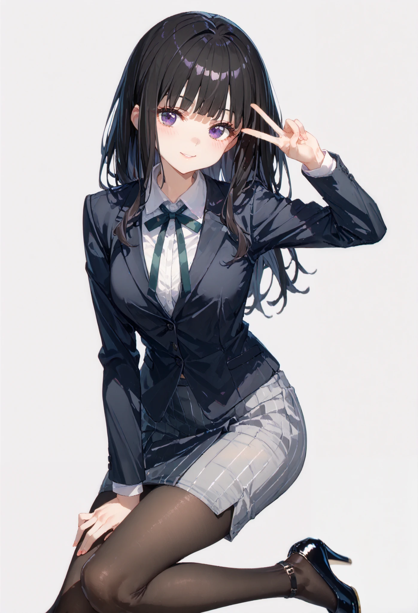 an anime girl in white shirt and office girl skirt with heels giving peace sign, 1girl, solo, pantyhose, breasts, high heels, shirt, looking at viewer,bangs, white shirt, v, long sleeves, collared shirt, blunt bangs, closed mouth, ribbon, simple background, grey background, h neck ribbon,office suits,vest,inoue takina,black hair,purple eyes,