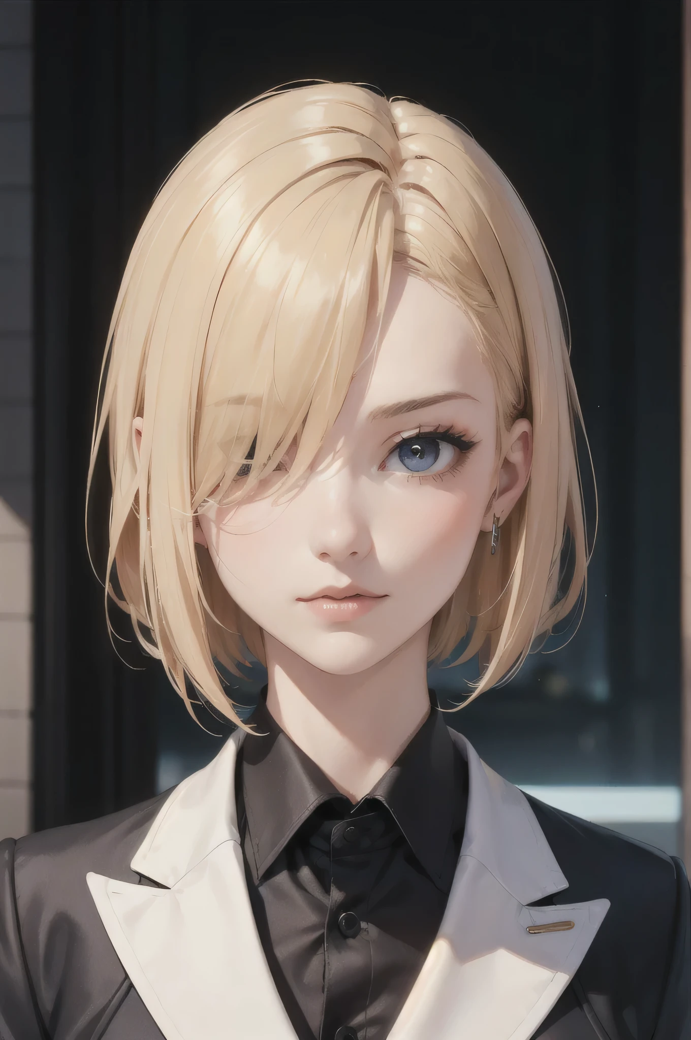 Anime - style image of a blonde woman with a black and white suit ...