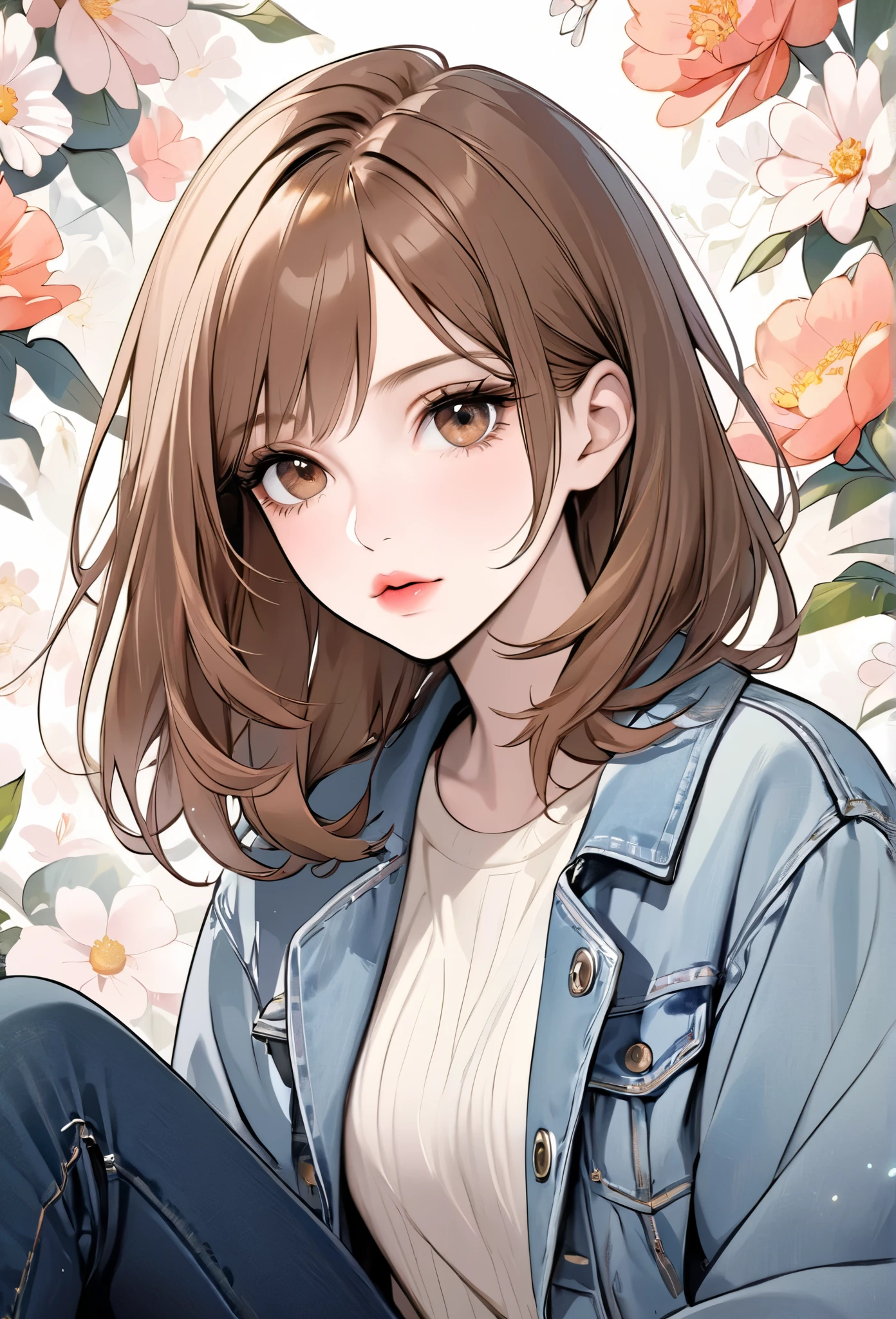 Girl, long soft brown hair, brown eyes, sharp features, white skin, light pink lips, perfect, calm, wearing a sweater, jeans jacket, floral background.