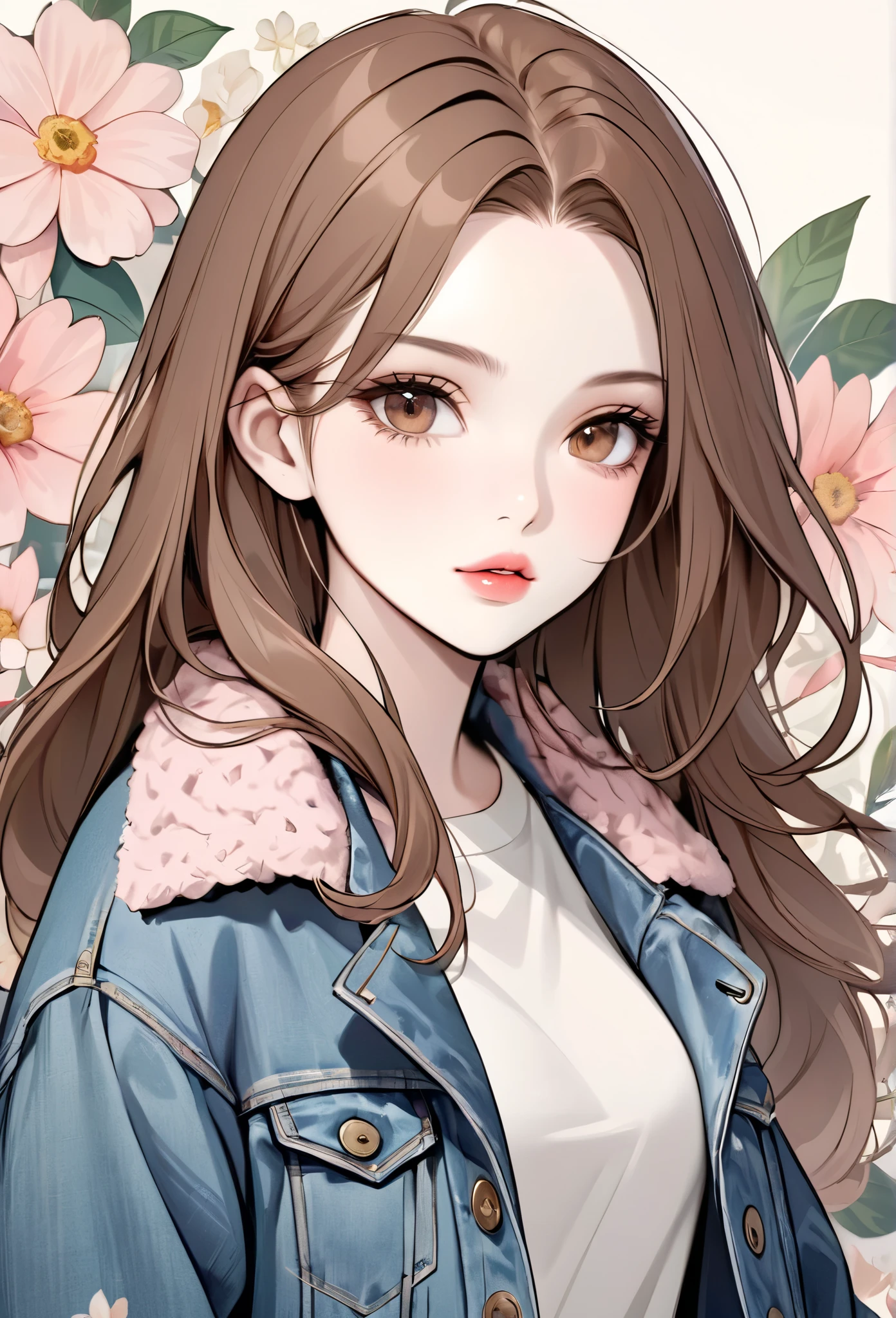 Girl, long soft brown hair, brown eyes, sharp features, white skin, light pink lips, perfect, calm, wearing a sweater, jeans jacket, floral background.