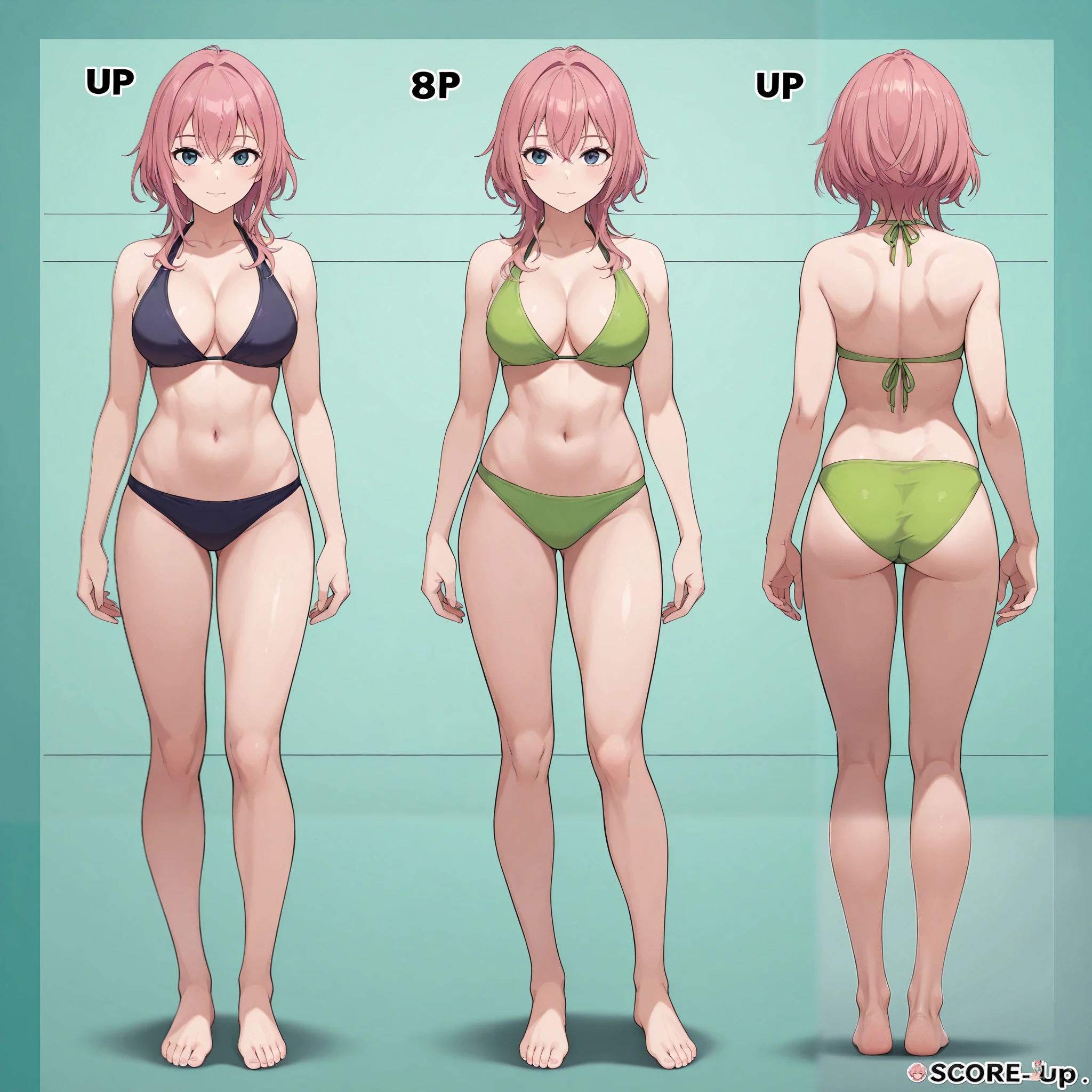 anime model sheet, woman, standing, , fitness body, relaxed  down arms, bikini, pink hair, multiples view