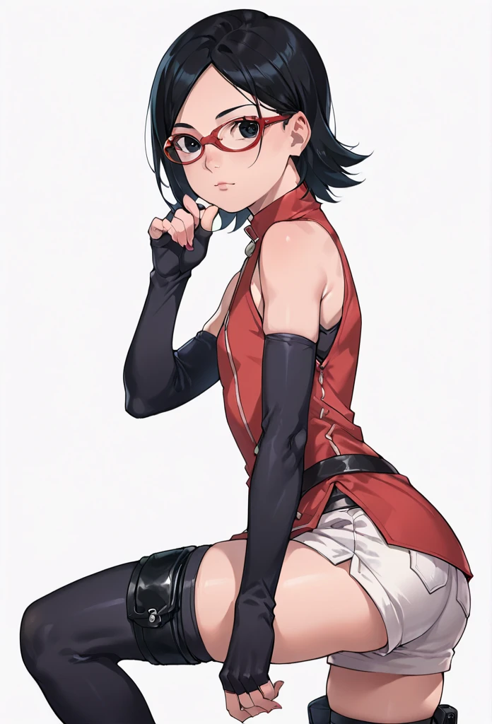 score_9_up, score_8_up, score_7_up, score_6_up, score_5_up, score_4_up, ,zPDXL2, solo, rating_questioablr, perfect face, perfect eyes, BBC_Chan Style, Sarada Uchiha, solo, 1girl, black hair, short hair, red-framed eyewear, glasses, black eyes,red dress, sleeveless, elbow gloves, black gloves, fingerless gloves, white shorts, black thighhighs, thigh holster, flat chest, round butt, side view