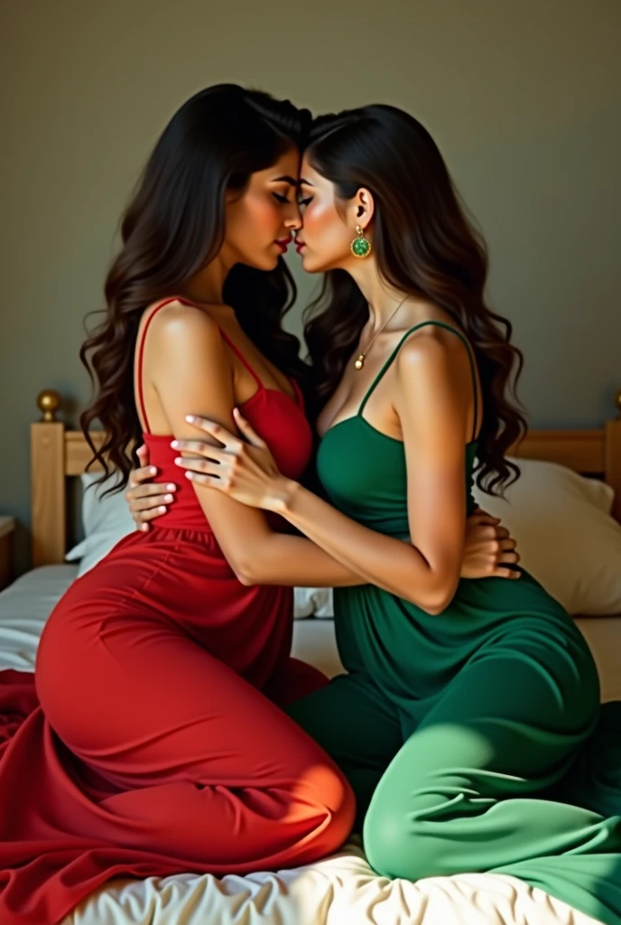 one girl tied up by another one with rope,(bright lighting,romantic setting),dreamy background,bondage,dark hair, mesmerizing gaze, , soft skin, alluring beauty, artistic portrait, high-quality image, vibrant colors, long silk gown, in the bed, mosquito net