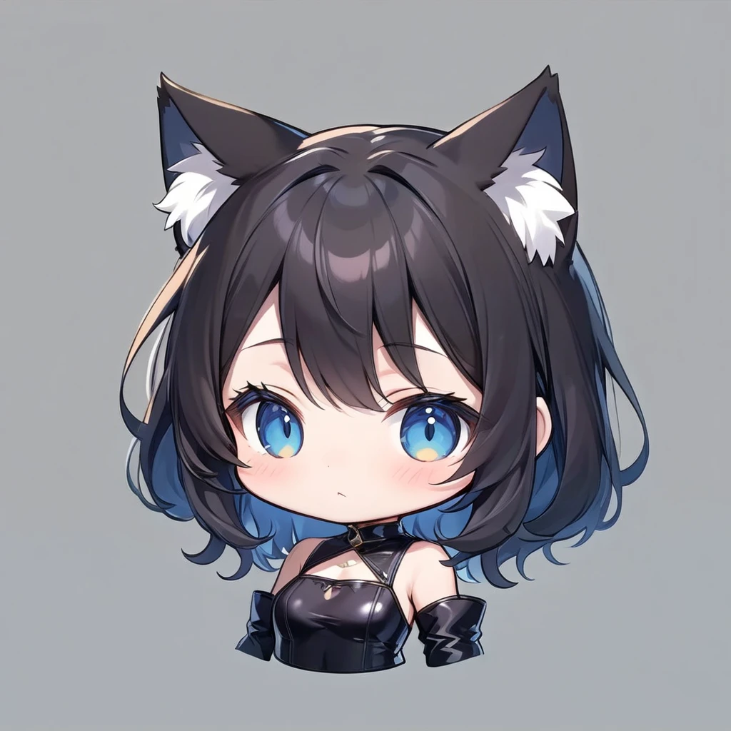 girl with、Chibi、((Best Quality, high_resolution, Distinct_image)),(Black hair), (Black cat ears), (Ahoge), (absurdly short hair), (Wavy Hair), (Blue eyes),、A smile、mideum breasts、Face up、Chibi Chara