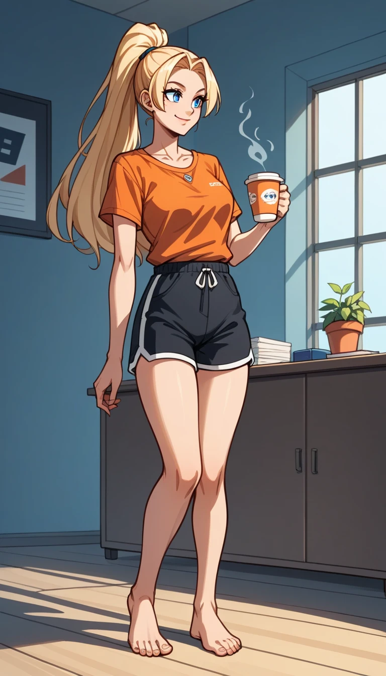    masterpiece  ,   best quality,    uncensored ,
 , 1 , Alone,standing,  look to the side ,  holding a cup of coffee ,  wear an orange blouse and black dolphin shorts,  long blonde hair, blonde,  Blue Eyes, barefoot,  big ,   thick legs  ,   discreet smile ,  in the office,  dynamic pose style, arafa woman,