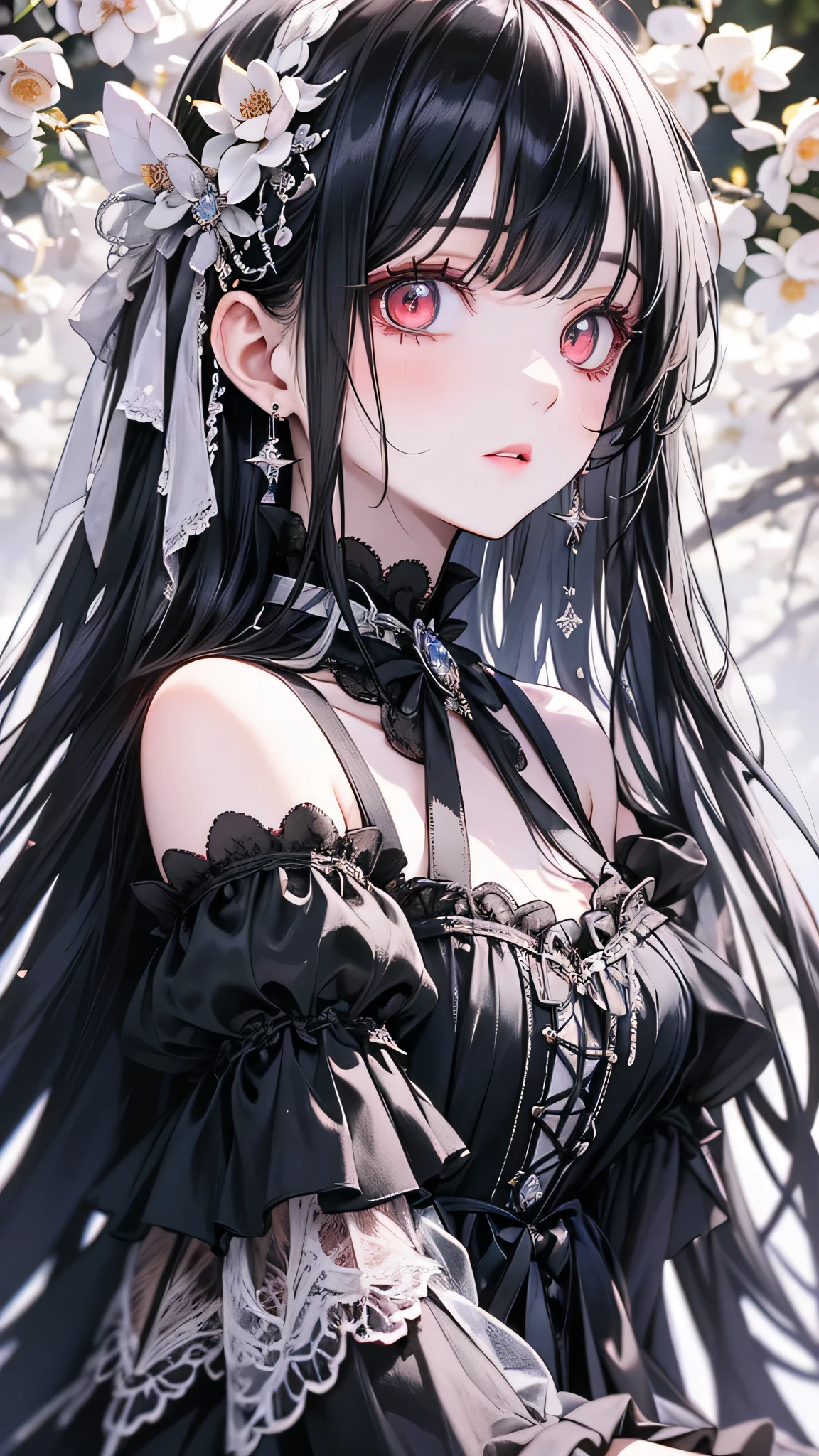 Anime girl with long black hair and a black dress with flowers in her ...