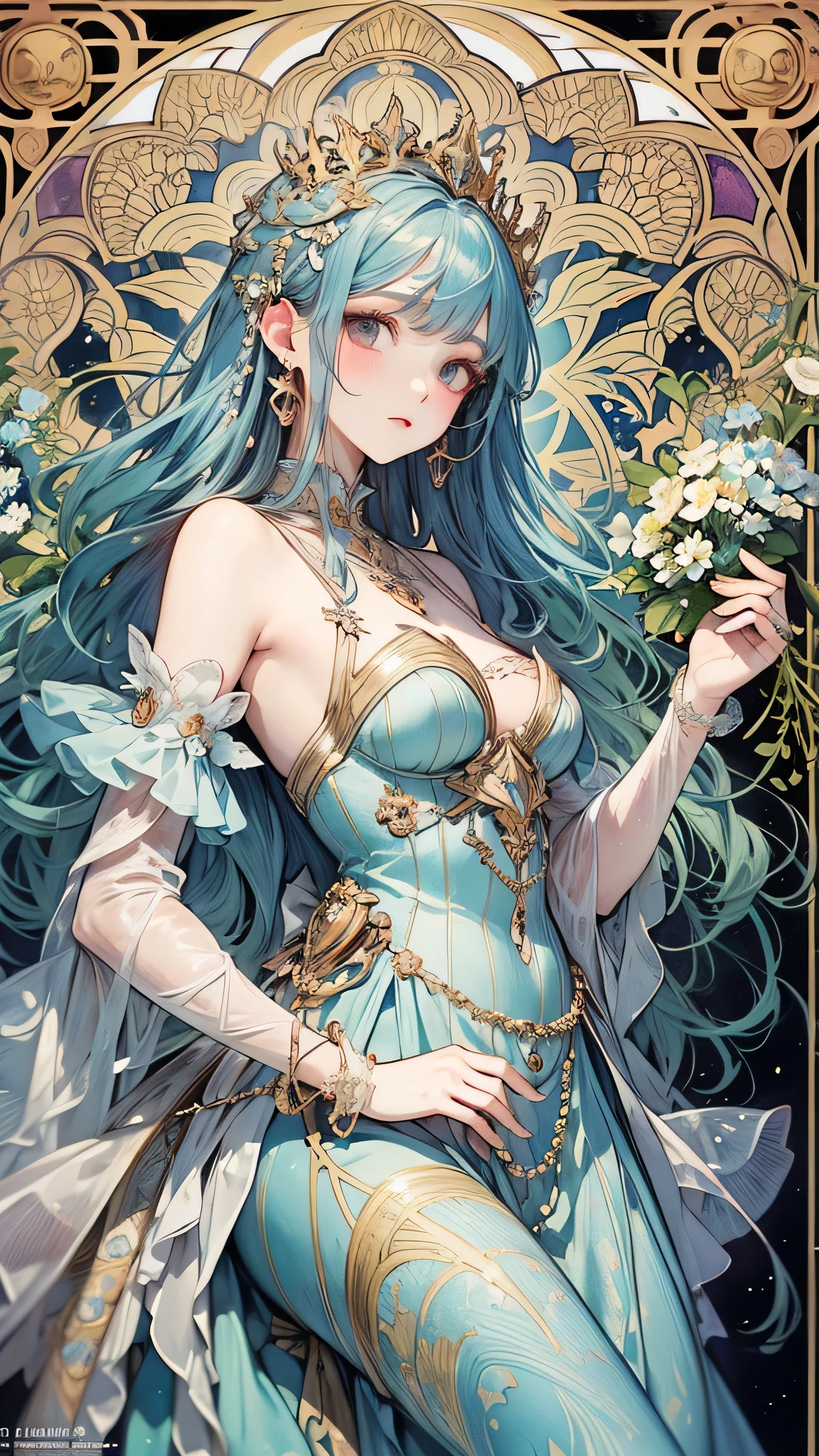 An ultrafine detailed watercolor painting of a gorgeous woman with flowers in her hair, in the style of Alphonse Maria Mucha and Gustav Kilmt, art nouveau accents, fairy princess, anthropomorphic female, female figure, detailed cover artwork, as the goddess of the flowers, Alphonse Mucha, Gustav Klimt, pale bluish skin, a marble sculpture, cgsociety, gothic art, art nouveau, behance contest winner