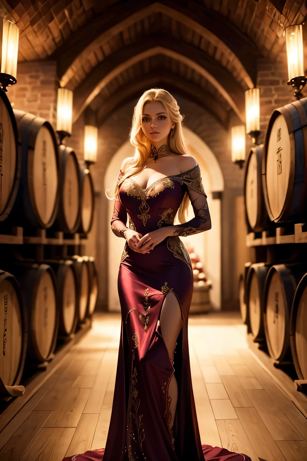 beautiful blonde woman in elegant evening dress, exquisite detailed facial features, long eyelashes, standing in dimly lit wine cellar, surrounded by oak barrels and wine bottles, dramatic lighting, cinematic, photorealistic, masterpiece, 8k, high quality