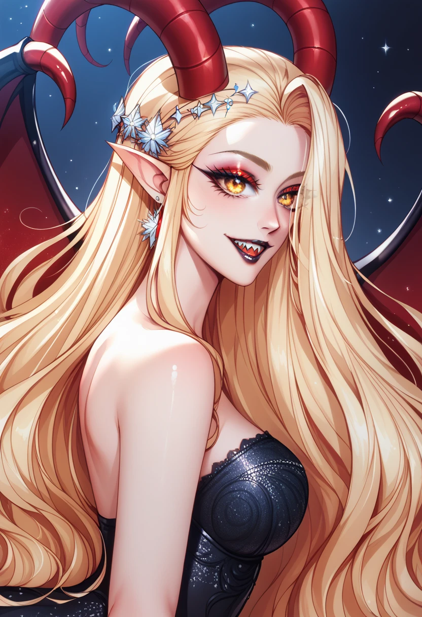 Rosto detalhado, grandes olhos, sharp teeth, hair over eyes, demon horns, demon wings, long hair, pointy ears, elf, long blonde hair, demon horns