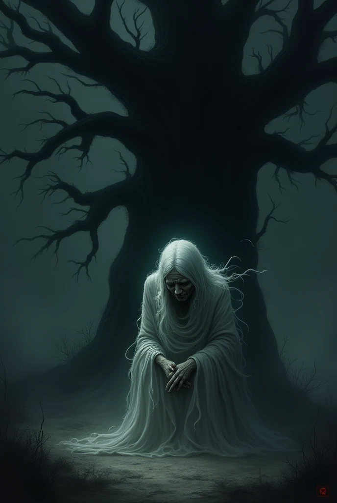 A ghost wearing white clothes sat on top of the tree.