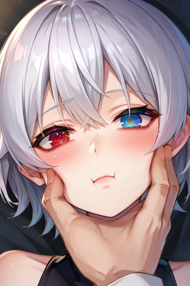 score_9, score_8_up, score_7_up, score_6_up, 1girl, 1boy, 2d, facegrab, closed mouth, blush, half-closed eyes, looking at viewer, thumb, close-up, 1girl, short hair, silver hair, solo focus, 4K, ulutra detailed ,masterpiece,highest quality,beautiful detailed eyes,Small breasts,(Heterochromia iridis),(left eye,Red eyes),(right eye,blue eyes),