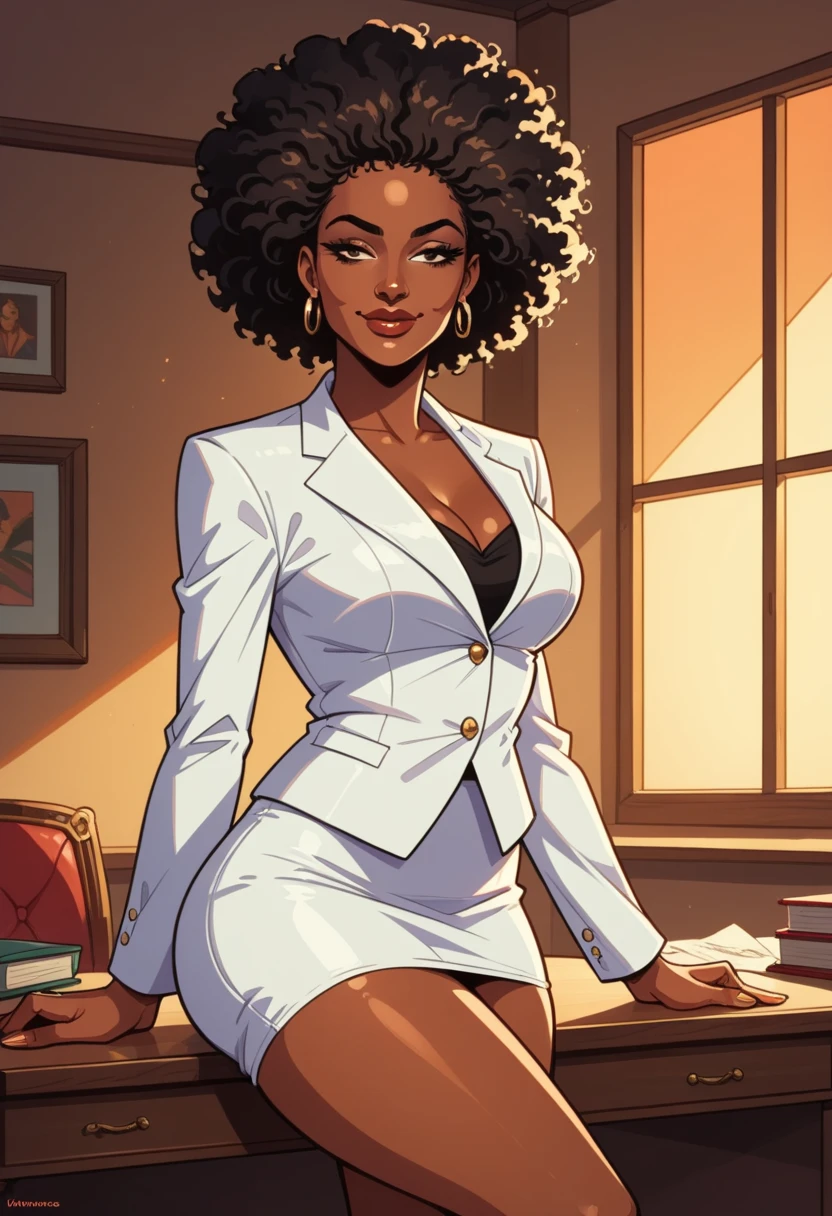 curly and voluminous black hair , Afro American girl,  light brown eyes , white suit ,  short white pencil skirt,  a slightly bent knee ,  thick thighs, focus legs, sensual expression, half-closed eyes, mischievous smile, soft lips,  full lips , dark skin, ebony skin , desk,  looking to the side, , beautiful ,Perfect anatomy, dynamic pose,  perfect lighting 