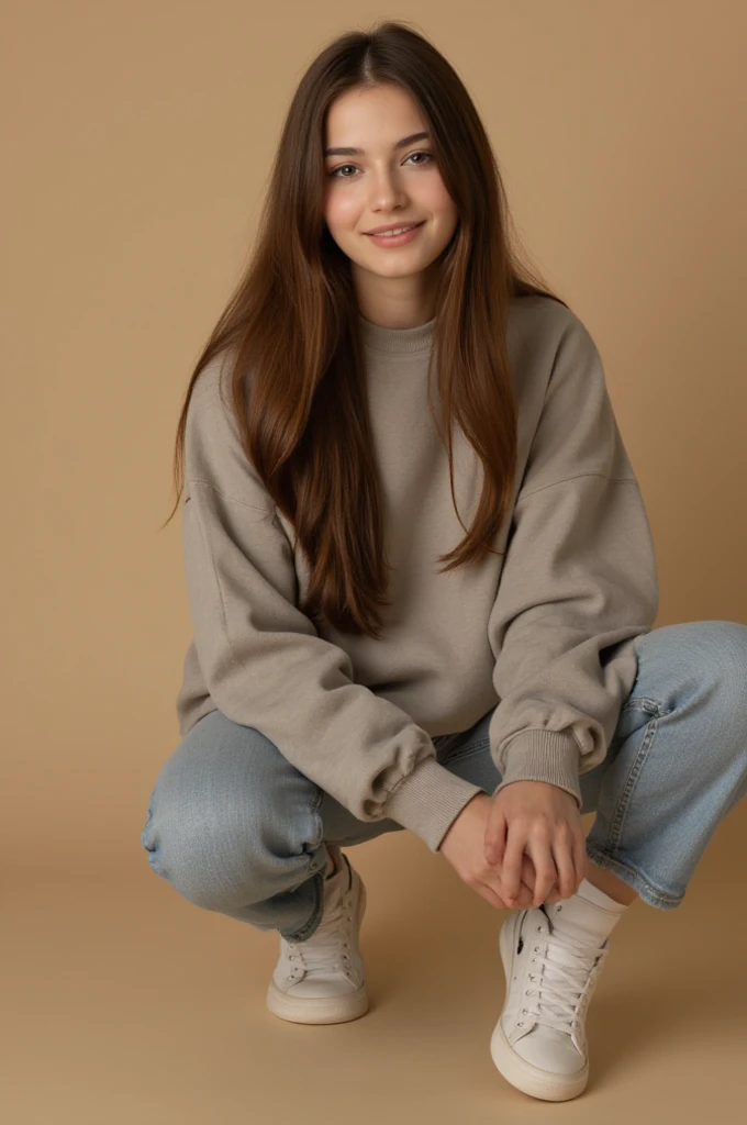  a beautiful 27-year-old European girl with long, smooth brown hair,  wearing a loose-fitting sweatshirt , jeans, and tennis, Smiling Alone , ( best quality,4K,8k, highres icon, masterpiece :1.2), Ultra-detailed,(realistic,photorealistic,photo-realistic:1.37),Female portrait, intricate details,natural lighting,cinematic, Warm color palette , squatting 