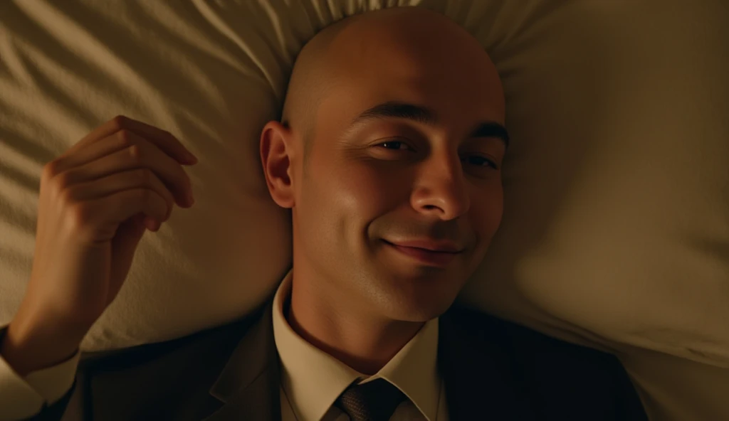 Hania Amir as the busty girl with nice face and beautiful cheeks wears nothing, naked, sleeping on the bed, (her nipple is slip out), she is sleeping with Millionaire bald old man named Lex Luthor from DC comics, he is taking selfie with wicked smiling, he's in suit