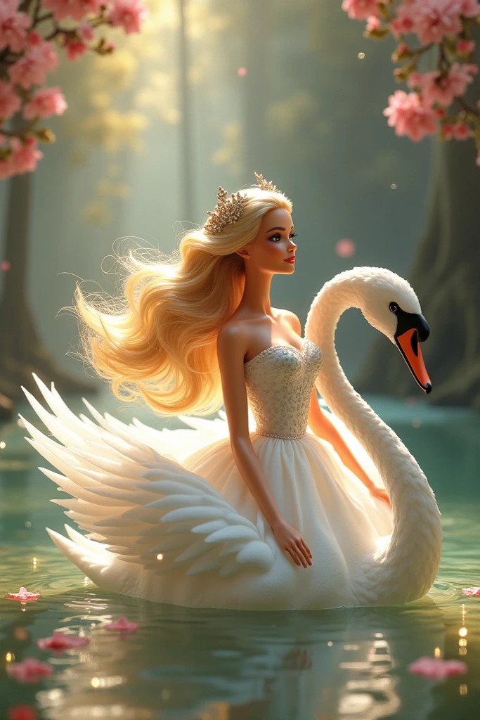(fairy tale: 1.4), (Princess: 1.4), swan Princess, (swan: 1.2), Transformation, (Lotus Pond: 1.2), (Gilded Crown: 1.2), (beautiful: 1.4), (Beautifully: 1.4), (Long Neck: 1.2), (Slim waist: 1.2), (swan Feathers: 1.2), (Black skirt: 1.2), (White swan: 1.2), (Black swan: 1.2), A beautiful swan Princess in a