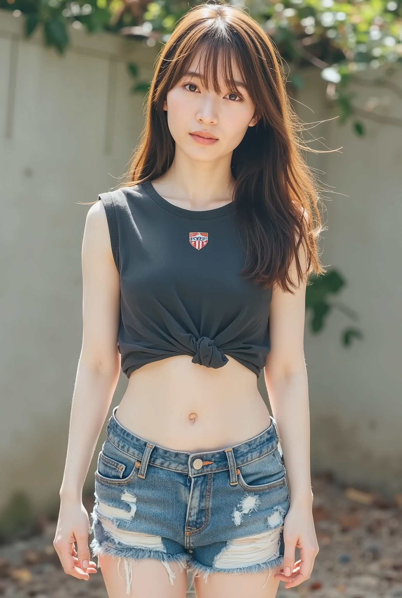 Watch NSFW's 1 .2, from below:1.4,Front focus:1.5,(8k RAW photo,Live Shooting, top quality , masterpiece:1.37), Extreme light and shadow, (( full body shot :1.5,)) Detailed clavicle, longhair , ((I'm wearing a soccer sports t-shirt, damaged denim shorts)), open waist, masterpiece, Top-class, realistic, high res, Natural sunlight, 16k