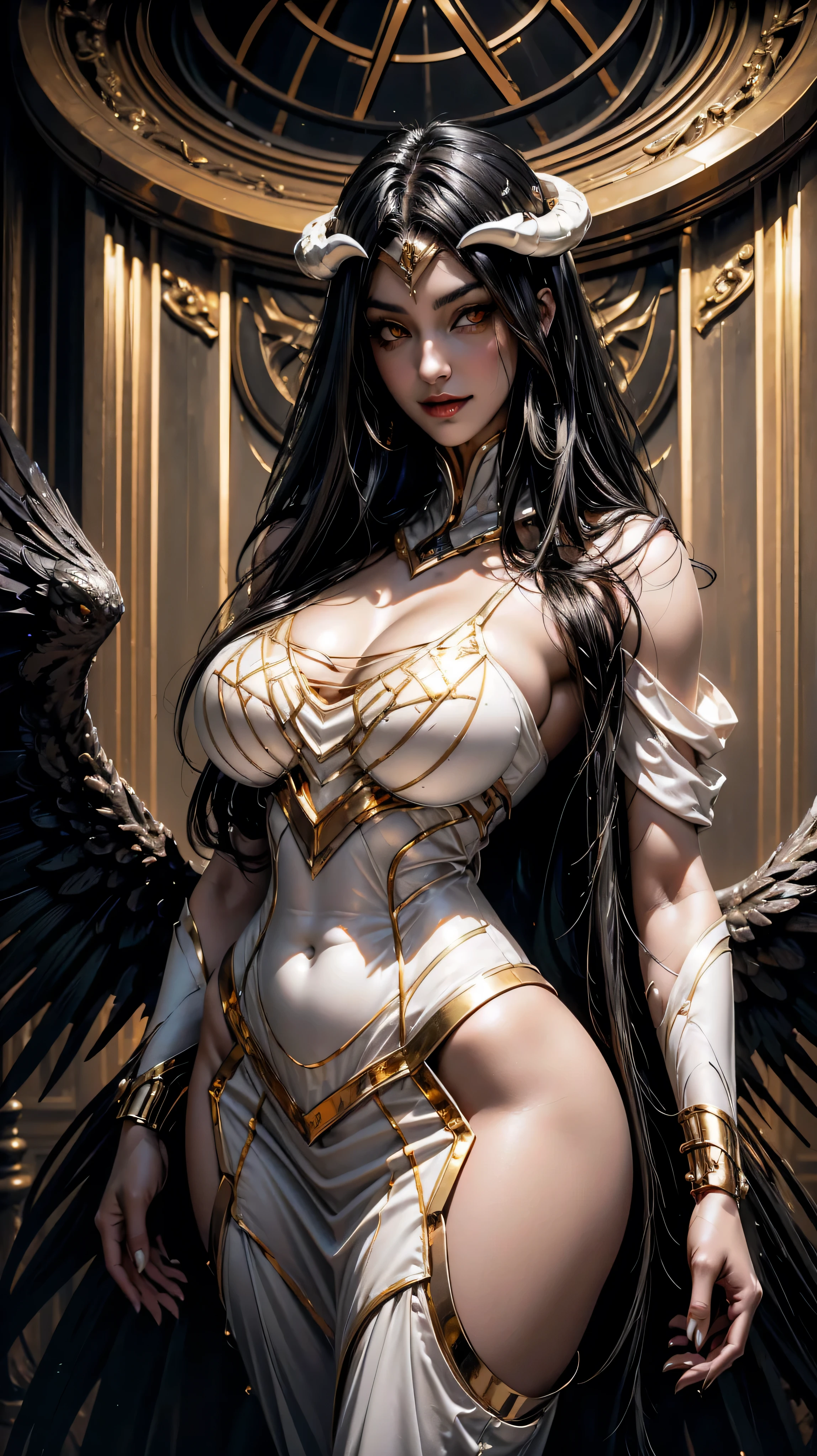 A (super realistic) beautiful sexy woman(albedo _overlord) with (glossy orange eyes) and white attire(detailed with perfect sharpness ) with gold jewellery on sexy breast, beautiful breast(perfect shape and size), black long beautiful hair, hyper detailed black wings (every thing with best detailing), best pose while standing straight with seducing smile on face in middle, wallpaper pose.