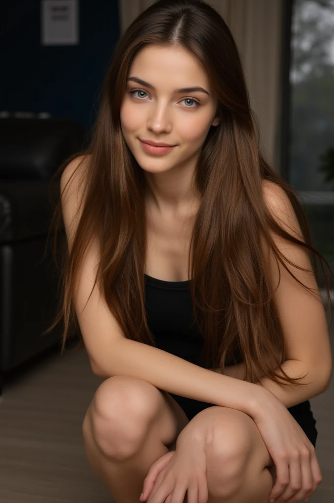  a beautiful 27-year-old European girl with long, smooth brown hair, new, change, Smiling Alone , ( best quality,4K,8k, highres icon, masterpiece :1.2), Ultra-detailed,(realistic,photorealistic,photo-realistic:1.37),Female portrait, intricate details,natural lighting,cinematic, Warm color palette , squatting 