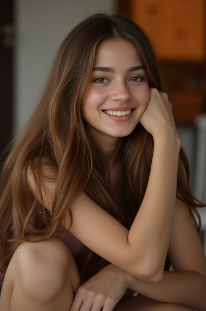  a beautiful 27-year-old European girl with long, smooth brown hair, new, change, Smiling Alone , ( best quality,4K,8k, highres icon, masterpiece :1.2), Ultra-detailed,(realistic,photorealistic,photo-realistic:1.37),Female portrait, intricate details,natural lighting,cinematic, Warm color palette , squatting 