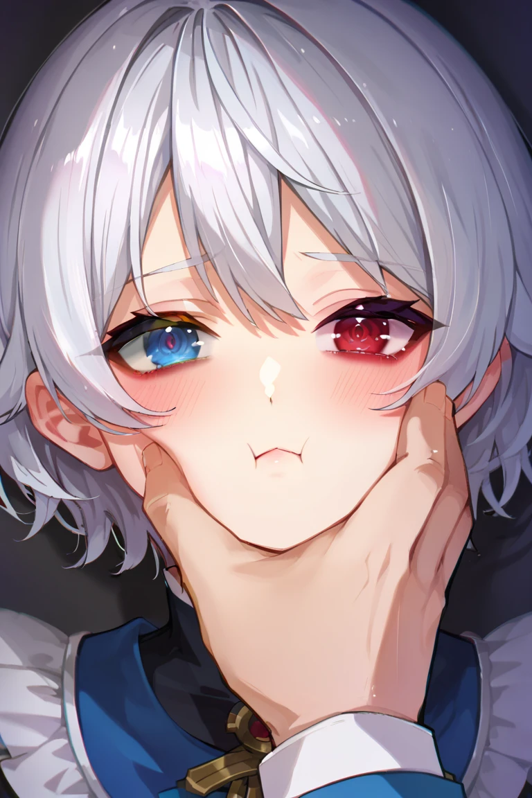 score_9, score_8_up, score_7_up, score_6_up, 1girl, 1boy, 2d, facegrab, closed mouth, blush, half-closed eyes, looking at viewer, thumb, close-up, 1girl, short hair, silver hair, solo focus, 4K, ulutra detailed ,masterpiece,highest quality,beautiful detailed eyes,Small breasts,(Heterochromia iridis),(left eye,Red eyes),(right eye,blue eyes),