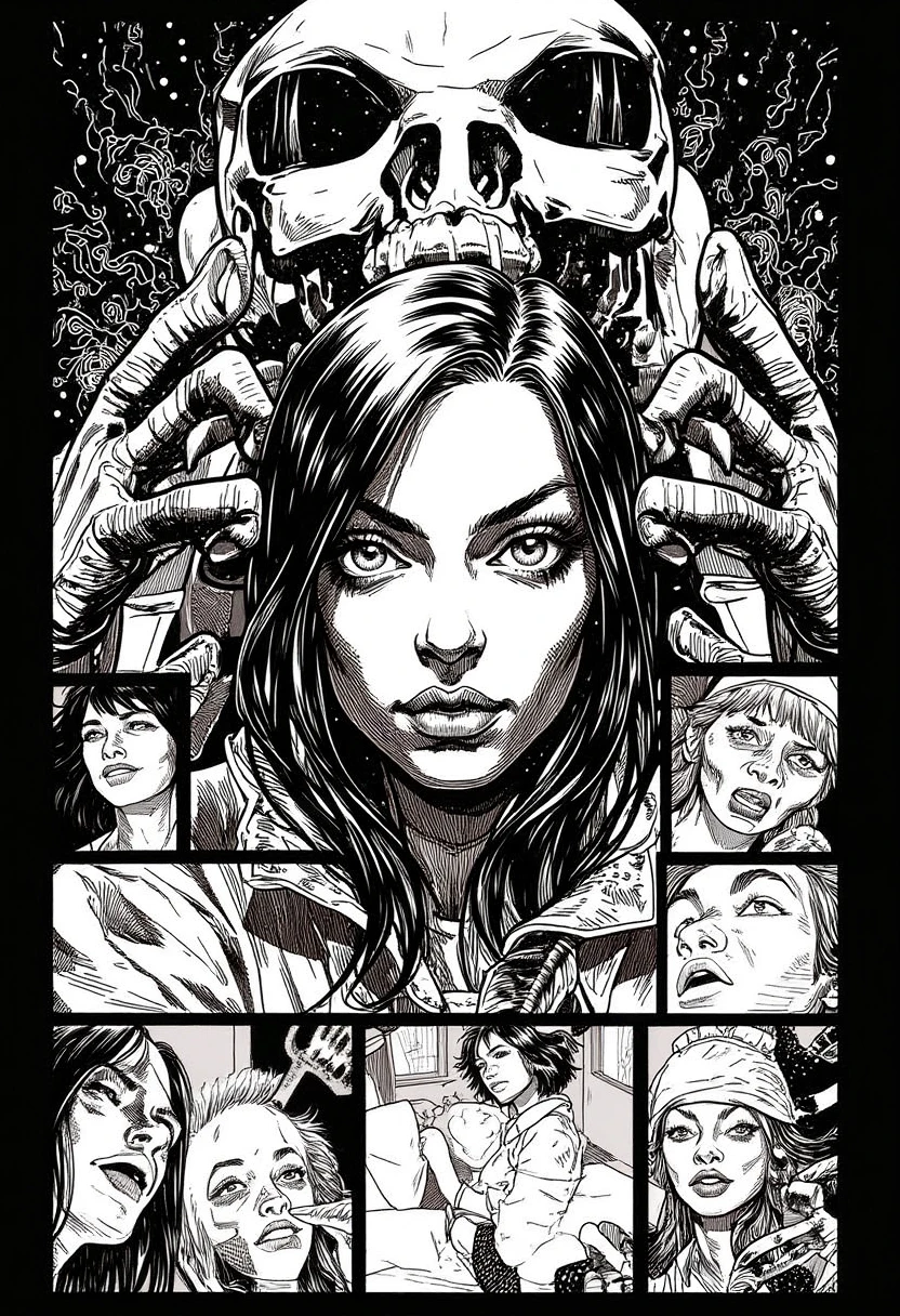 Portraying General Style :  The rhythm of the visual narrative combines larger frames for dreamlike and claustrophobic scenes with small, focused frames for the most emotional and introspective moments.

 The comic book of  "Eternal Dream "  invites the reader to explore the complexities of life and death through raw features and an engaging visual narrative ,  that always leaves a question in the air :  What is real ? . Based on the text above, create a black and white noir comic style image keeping the same seed as the black and white character noir and keeping the same seed as the character, artwork, main art,  highly detailed official art ,  High Quality 8K , Epic european Art, official poster art, high definition art