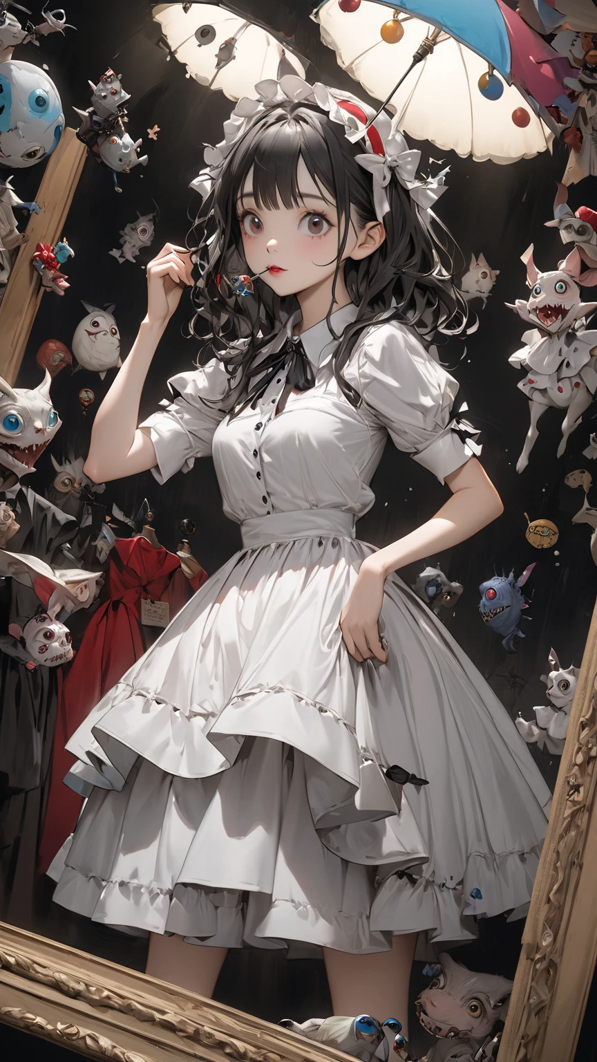 foto promocional, the place is a coffee shop, 1 garota, cara de , waitress carrying cake to the table, red twin tails, rosto gentil, gothic lolita costume and maid costume with image of strawberries, roupas baseadas em branco,
