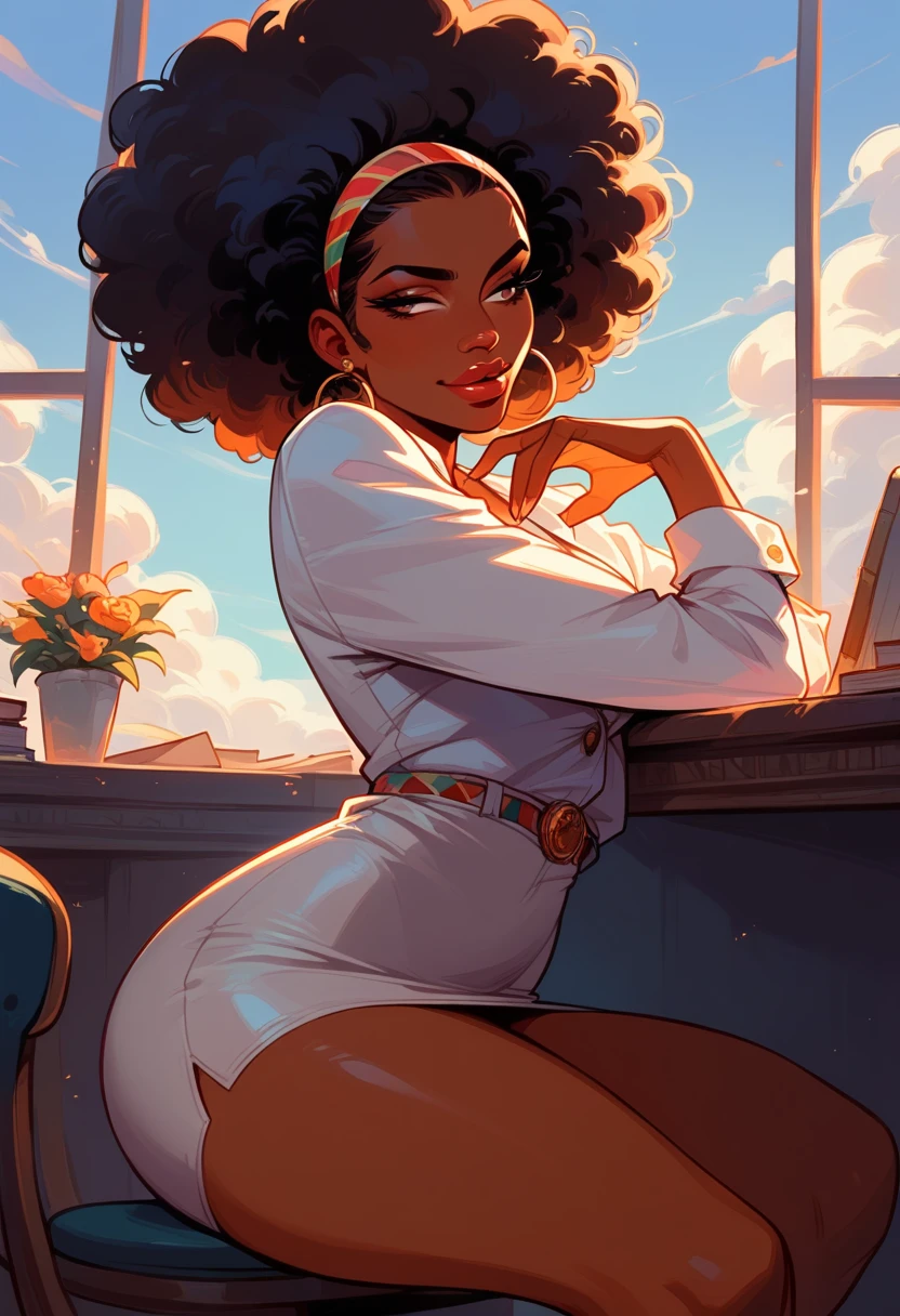 curly and voluminous black hair , Afro American girl,  light brown eyes , white suit ,  short white pencil skirt,  a slightly bent knee ,  thick thighs, focus legs, sensual expression, half-closed eyes, mischievous smile, soft lips,  full lips , dark skin, ebony skin , desk,  looking to the side, , beautiful ,Perfect anatomy, dynamic pose,  perfect lighting 