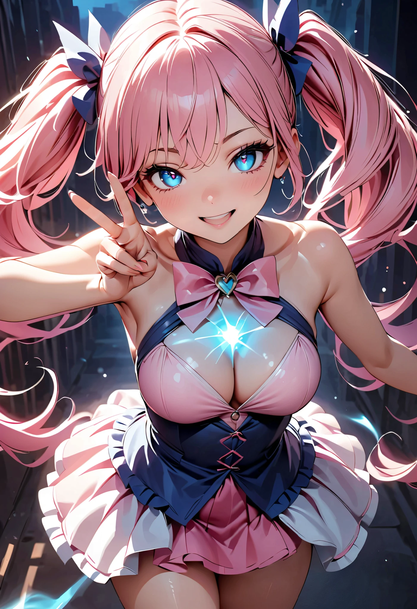  beautiful magical girl dressed in a pink frill dress、 pink long hair 、cute and sexy magical girl pose 、((Lewd smile、 open your mouth、Oral mucosa))、 very detailed、8k、 Photorealistic 、 top quality realistic textured skin 、Detailed CG illustration、Chiaroscuro Lighting、 dramatic shadow 、 elegant 、grace、 enchantment、 enchantmentな、Big Breasts、 pink hair、 Twin Tail Hair、Porcelain Skin、Pierced Eyes、Delicate features、 sexy poses、艶やかな唇、 slender figure、 Magical Energy 、V sign on the side of the face:1.2、 hand sign 、 Dynamic Lighting 、 vivid colors、Soft pastel palette、Glowing magic effect、Skin with an obscene sheen、Delicate fingertips、Five fingers、 cinematic composition、 Dramatic Poses、 moody vibe 、Dark and mysterious