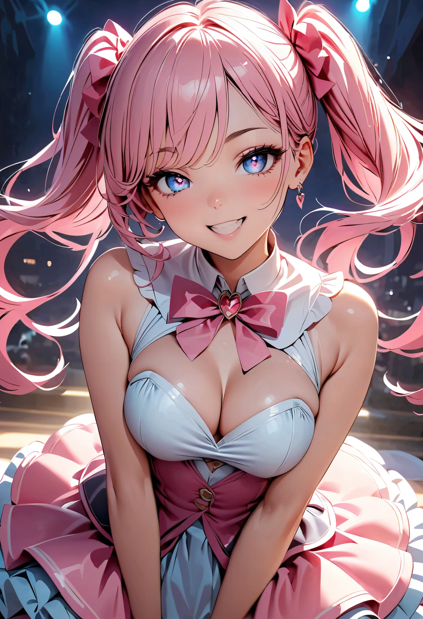  beautiful magical girl dressed in a pink frill dress、 pink long hair 、cute and sexy magical girl pose 、((Lewd smile、 open your mouth、Oral mucosa))、 very detailed、8k、 Photorealistic 、 top quality realistic textured skin 、Detailed CG illustration、Chiaroscuro Lighting、 dramatic shadow 、 elegant 、grace、 enchantment、 enchantmentな、Big Breasts、 pink hair、 Twin Tail Hair、Porcelain Skin、Pierced Eyes、Delicate features、 sexy poses、艶やかな唇、 slender figure、 Magical Energy 、V sign on the side of the face:1.2、 hand sign 、 Dynamic Lighting 、 vivid colors、Soft pastel palette、Glowing magic effect、Skin with an obscene sheen、Delicate fingertips、Five fingers、 cinematic composition、 Dramatic Poses、 moody vibe 、Dark and mysterious