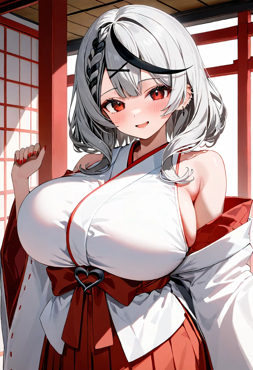 ( top quality  , 8k , masterpiece ),  girl  , young , 1 person , sakamata chloe ,  hololive  , Silver Hair , Big Breasts , smile ,  like heaven ,  red cheeks  , A rich variety of skin tones  , ( miko,red hakama :1.2) , ( huge breasts:1.2)