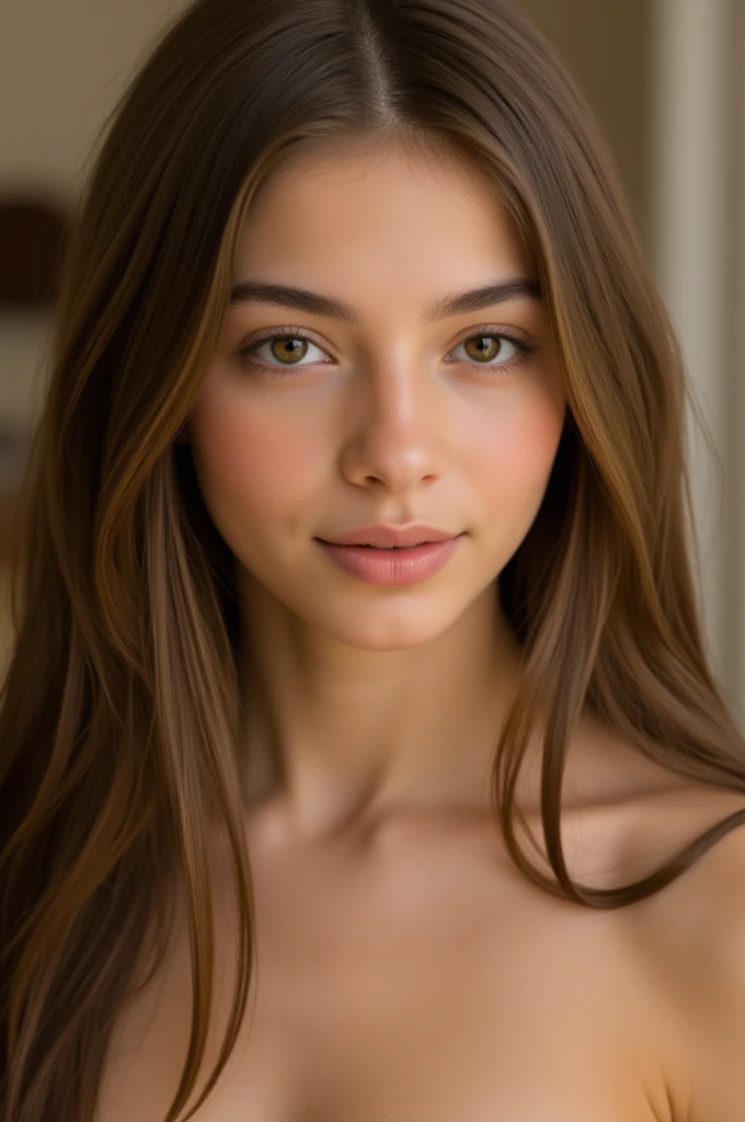 a beautiful -yeld Euean girl with long and straight brown hair, new, nude, Smiling Alone , ( best quality,4K,8k, highres icon, masterpiece :1.2), Ultra-detailed,(realistic,photorealistic,photo-realistic:1.37),Female portrait, intricate details,natural lighting,cinematic, Warm color palette ,  