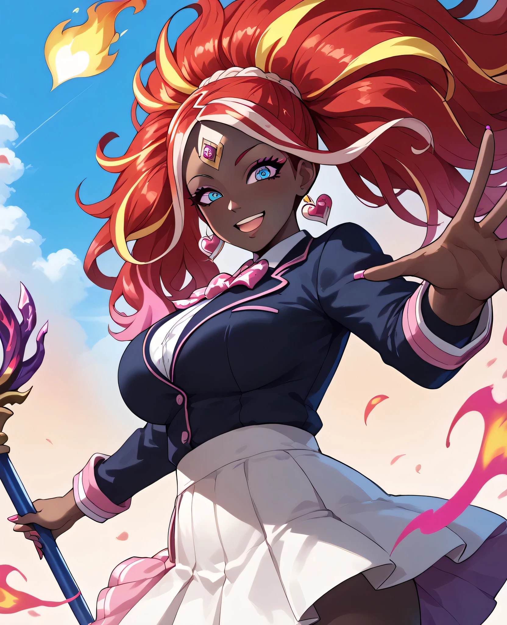 woman, flaming hair, black skin, jentry chau style, anime style, pink fire powers, blue eyes, red hair, third eye on forehead, pink streak, sky, happy, gyaru style, eye on forehead, pink fire, pink flame throne, flying hair, big breasts, skirt, fire staff, hearts in eyes, big hair, multicolored hair