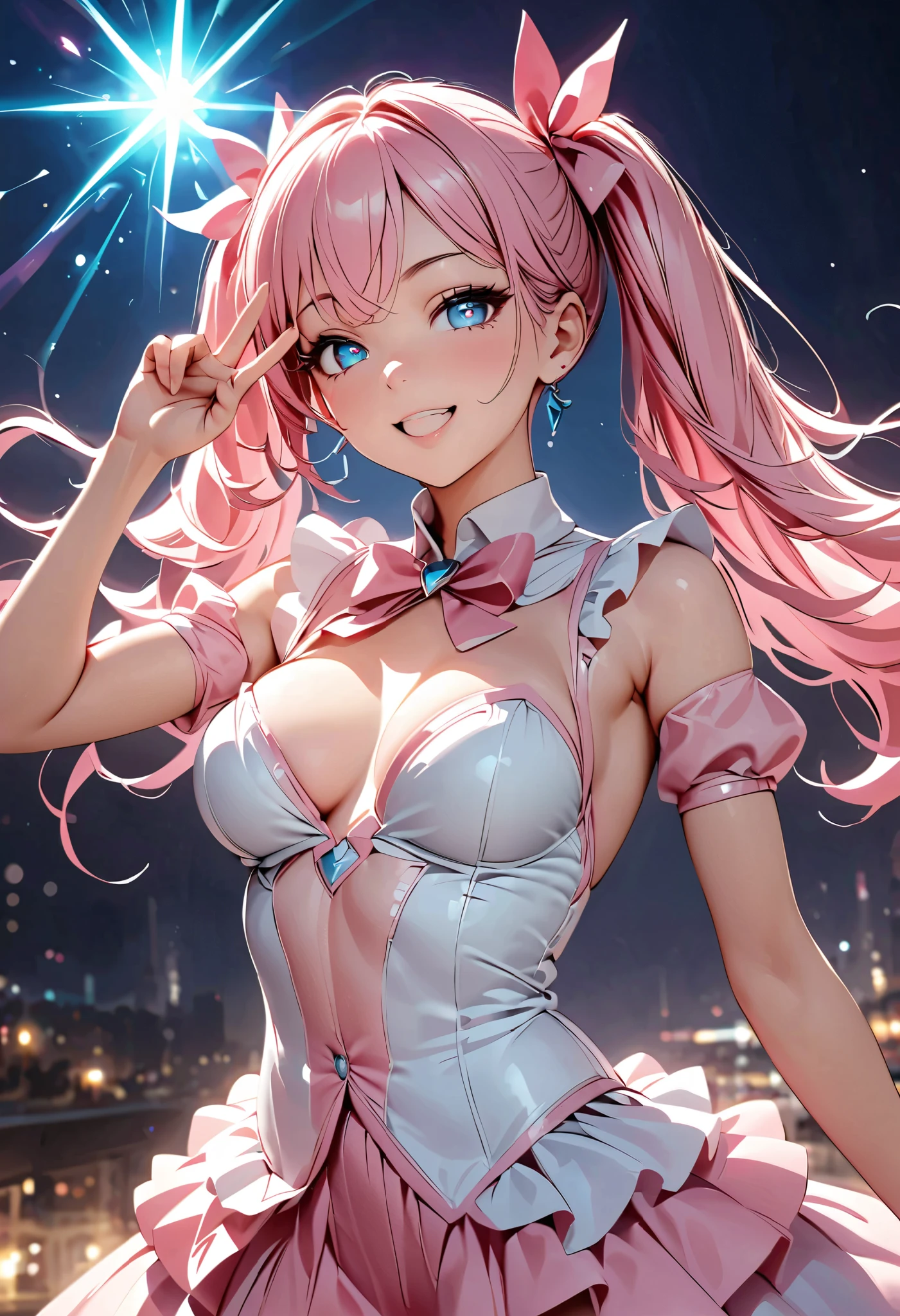  beautiful magical girl dressed in a pink frill dress、 pink long hair 、cute and sexy magical girl pose 、((Lewd smile、 open your mouth、Oral mucosa))、 very detailed、8k、 Photorealistic 、 top quality realistic textured skin 、Detailed CG illustration、Chiaroscuro Lighting、 dramatic shadow 、 elegant 、grace、 enchantment、 enchantmentな、Big Breasts、 pink hair、 Twin Tail Hair、Porcelain Skin、Pierced Eyes、Delicate features、 sexy poses、艶やかな唇、 slender figure、 Magical Energy 、V sign on the side of the face:1.2、 hand sign 、 Dynamic Lighting 、 vivid colors、Soft pastel palette、Glowing magic effect、Skin with an obscene sheen、Delicate fingertips、Five fingers、 cinematic composition、 Dramatic Poses、 moody vibe 、Dark and mysterious